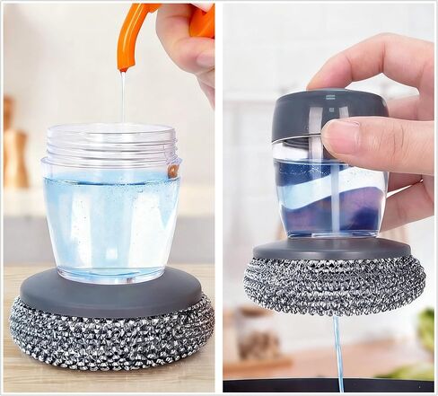 Steel Wool Scrubber with Soap Dispenser for Dish Sink Pan Stove Kitchen, Stainless Dishwashing Scouring Pad, Dispensing Heavy Duty Brush Scourer Cast Iron 2+2 in Saudi Arabia