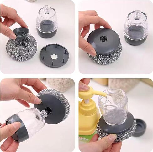 Steel Wool Scrubber with Soap Dispenser for Dish Sink Pan Stove Kitchen, Stainless Dishwashing Scouring Pad, Dispensing Heavy Duty Brush Scourer Cast Iron 2+2 in Saudi Arabia