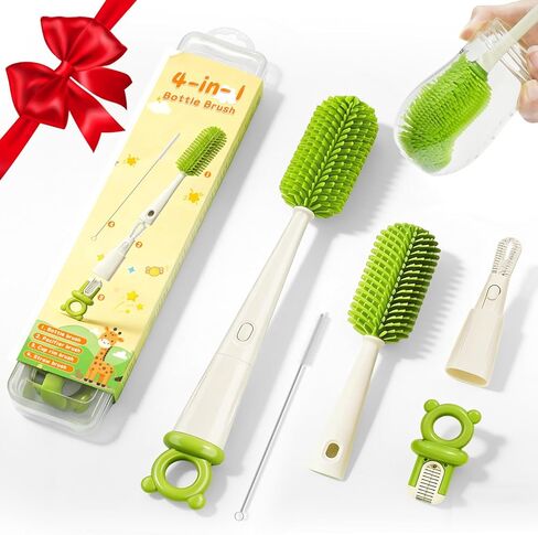 Bottle Cleaning Brush Set 4 in 1, Baby Bottle Cleaner Includes Silicone Bottle Brush, Nipple Brush, Detail Brush & Straw Brush, Portable Long Handle Bottles Scrubber Cleaning Tool, Dishwasher Safe in Saudi Arabia