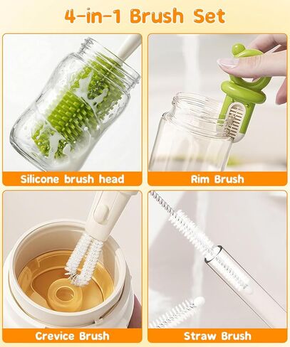 Bottle Cleaning Brush Set 4 in 1, Baby Bottle Cleaner Includes Silicone Bottle Brush, Nipple Brush, Detail Brush & Straw Brush, Portable Long Handle Bottles Scrubber Cleaning Tool, Dishwasher Safe in Saudi Arabia