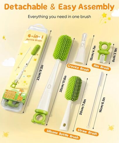 Bottle Cleaning Brush Set 4 in 1, Baby Bottle Cleaner Includes Silicone Bottle Brush, Nipple Brush, Detail Brush & Straw Brush, Portable Long Handle Bottles Scrubber Cleaning Tool, Dishwasher Safe in Saudi Arabia