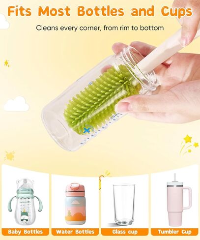 Bottle Cleaning Brush Set 4 in 1, Baby Bottle Cleaner Includes Silicone Bottle Brush, Nipple Brush, Detail Brush & Straw Brush, Portable Long Handle Bottles Scrubber Cleaning Tool, Dishwasher Safe in Saudi Arabia