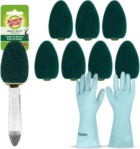 Scotch Brite Dishwand Kit, 3M Dishwand and 7 Scotch Brite Dishwand Refills, Heavy Duty Dish Sponge with Handle, Dish Scrubber with Handle Includes Dishwashing Gloves in Saudi Arabia