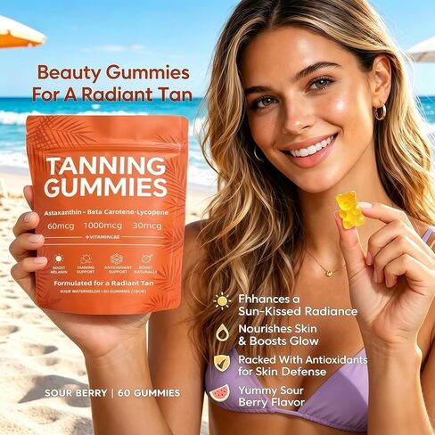 Skin Tanning Gummies | Fast-Acting Sunless Tanning for Women, Glowing Hydrated Skin with Natural Bronze Glow, Non-GMO, Sugar-Free, 60 Count in Saudi Arabia