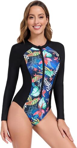 ABAFIP Women's Long Sleeve Swimsuit Floral Print Zip up One Piece Rash Guard Athletic Surfing Bathing Suit in Saudi Arabia