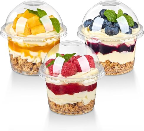 TOFLEN 50 Pack 8 oz Plastic Dessert Cups with Dome Lids, Clear Disposable Yogurt Parfait Cups with Lids, Individual Party Serving Snack Cups for Fruit Dessert Cake Pudding in Saudi Arabia