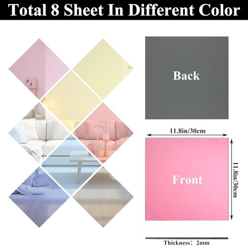 JMIATRY 8 PCS 12 x 12 Inches Color Acrylic Mirror Sheets 1/8 Inch Thick, Colored Mirror Acrylic Sheets 3 mmPlastic Mirrors Panels Reflective Plexiglass Sheet for DIY Crafts, with Protective Film in Saudi Arabia