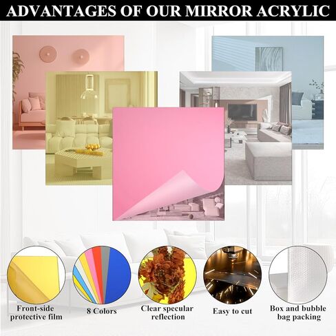 JMIATRY 8 PCS 12 x 12 Inches Color Acrylic Mirror Sheets 1/8 Inch Thick, Colored Mirror Acrylic Sheets 3 mmPlastic Mirrors Panels Reflective Plexiglass Sheet for DIY Crafts, with Protective Film in Saudi Arabia