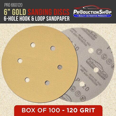 ProductionShop Premium 120 Grit 6 بوصات أقراص صنفرة ذهبية، نمط 6 فتحات، صندوق مكون من 100 - ورق صنفرة خلفي بدون غبار بخطاف وحلقة لـ DA وآلات الصنفرة المدارية العشوائية، وطلاء السيارات الرملي، وأثاث النجارة الخشبية in Saudi Arabia