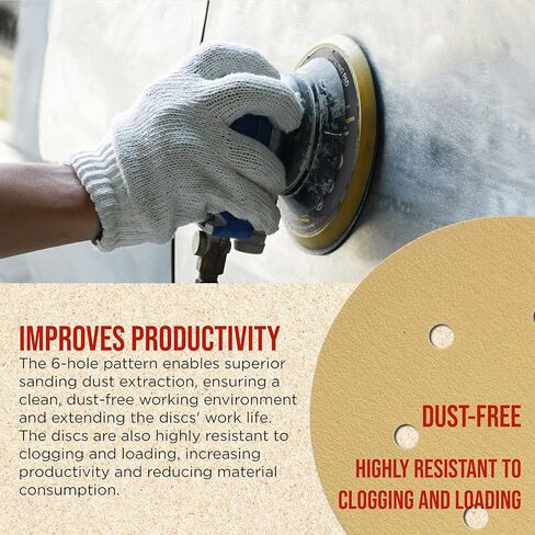 ProductionShop Premium 120 Grit 6 بوصات أقراص صنفرة ذهبية، نمط 6 فتحات، صندوق مكون من 100 - ورق صنفرة خلفي بدون غبار بخطاف وحلقة لـ DA وآلات الصنفرة المدارية العشوائية، وطلاء السيارات الرملي، وأثاث النجارة الخشبية in Saudi Arabia