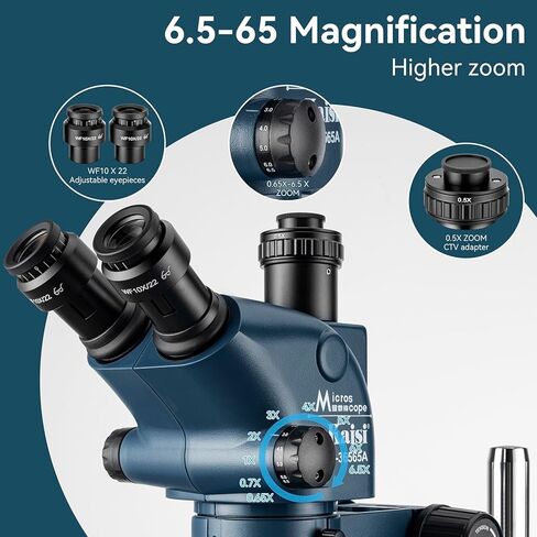 مجهر ستيريو ثلاثي العينيات من Kaisi للحام المصلح الاحترافي، تكبير 6.5X-65X وعدسات WF10x22 قابلة للتعديل، طاولة عمل كبيرة جدًا من السيليكون، مجهر تكبير بحامل قابل للسحب in Kuwait