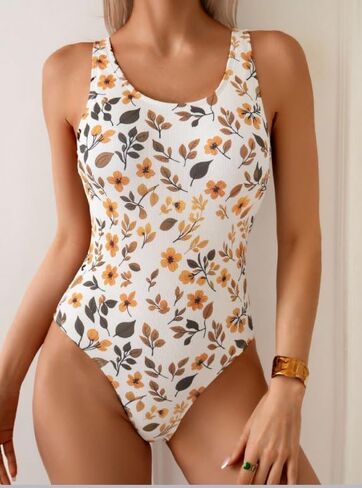 Vintage Floral Print Swimwear for Women - White Ribbed High Leg One Piece Swimsuit Summer Bathing Suits in Saudi Arabia