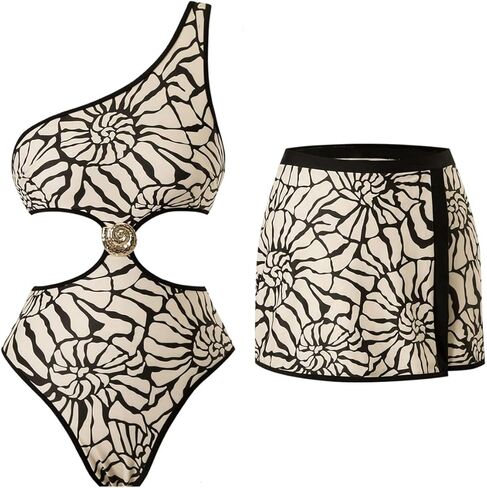 Floerns Women's One Piece Swimsuits Seashell One Shoulder Cut Out Monokini with Cover Up Skirt in Saudi Arabia