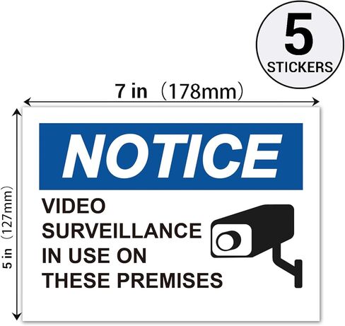 5 Pack Video Surveillance Warning Sign Sticker,7"x5" “Notice - Video Surveillance in Use On These Premises" Sticker Labels, Self-Adhesive Premium Vinyl. in Saudi Arabia