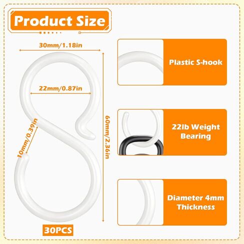 30PCS Secure Plastic S Hooks for Hanging, Multi-Purpose S Hooks for Closet, Flexible Secure Hook for Closet, Kitchen, Living Room, Bedroom Shower Rod, Plant, Easy Lock, White, 2.4 Inch in Saudi Arabia