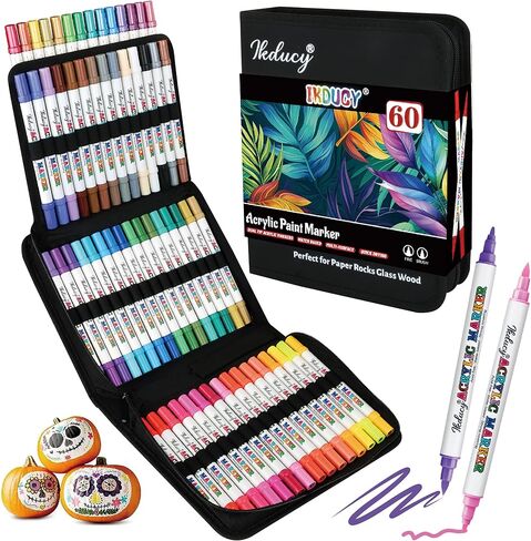 60 Colors Dual Tip Acrylic Paint Markers Set, Fine Tip and Brush Tip Acrylic Paint Pens with 10 Pages Coloring Paper for Rocks, Wood, Canvas, Stone, Paper, Fabric, Glass, DIY Crafts in Saudi Arabia