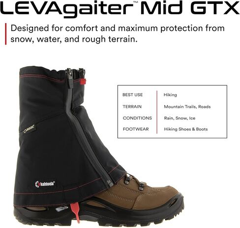 Kahtoola LEVAgaiter Mid GTX Gaiters, Waterproof Gore-TEX Shoe & Boot Protection for Mountaineering, Off-Trail Hiking in Mud, Snow & Ice - Black - Large in Saudi Arabia