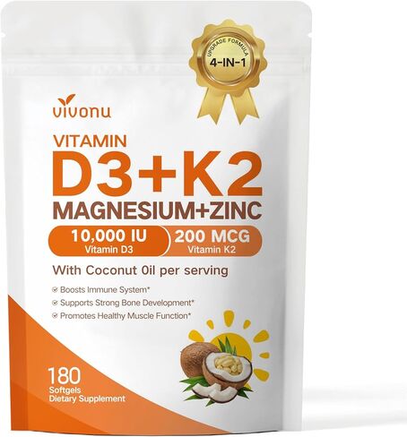 مكمل VivoNu Vitamin D3 K2 10,000 IU من المغنيسيوم - 4 في 1 مع فيتامين D وK (MK-7)، وجليسينات المغنيسيوم وسيترات الزنك - 180 كبسولة هلامية لدعم الطاقة والعظام* والعضلات* in Kuwait