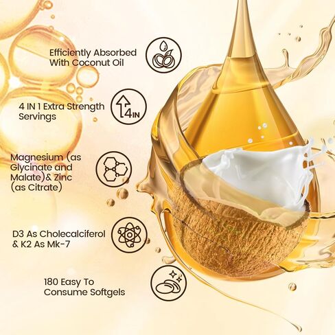 مكمل VivoNu Vitamin D3 K2 10,000 IU من المغنيسيوم - 4 في 1 مع فيتامين D وK (MK-7)، وجليسينات المغنيسيوم وسيترات الزنك - 180 كبسولة هلامية لدعم الطاقة والعظام* والعضلات* in Kuwait
