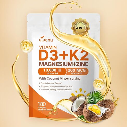 مكمل VivoNu Vitamin D3 K2 10,000 IU من المغنيسيوم - 4 في 1 مع فيتامين D وK (MK-7)، وجليسينات المغنيسيوم وسيترات الزنك - 180 كبسولة هلامية لدعم الطاقة والعظام* والعضلات* in Kuwait