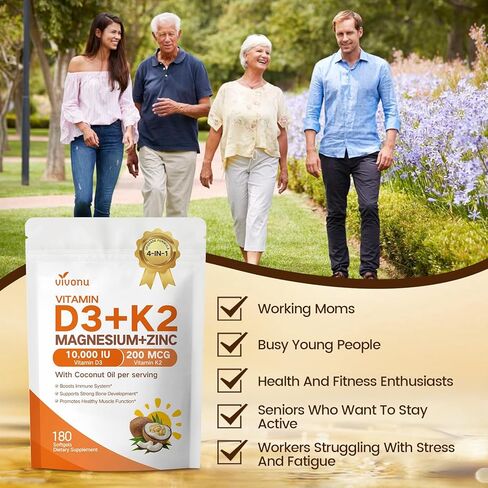 مكمل VivoNu Vitamin D3 K2 10,000 IU من المغنيسيوم - 4 في 1 مع فيتامين D وK (MK-7)، وجليسينات المغنيسيوم وسيترات الزنك - 180 كبسولة هلامية لدعم الطاقة والعظام* والعضلات* in Kuwait