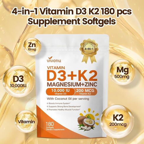 مكمل VivoNu Vitamin D3 K2 10,000 IU من المغنيسيوم - 4 في 1 مع فيتامين D وK (MK-7)، وجليسينات المغنيسيوم وسيترات الزنك - 180 كبسولة هلامية لدعم الطاقة والعظام* والعضلات* in Kuwait