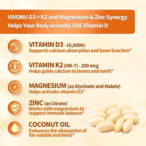 مكمل VivoNu Vitamin D3 K2 10,000 IU من المغنيسيوم - 4 في 1 مع فيتامين D وK (MK-7)، وجليسينات المغنيسيوم وسيترات الزنك - 180 كبسولة هلامية لدعم الطاقة والعظام* والعضلات* in Kuwait