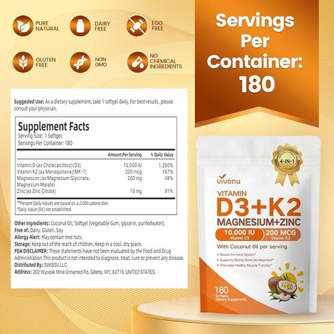 مكمل VivoNu Vitamin D3 K2 10,000 IU من المغنيسيوم - 4 في 1 مع فيتامين D وK (MK-7)، وجليسينات المغنيسيوم وسيترات الزنك - 180 كبسولة هلامية لدعم الطاقة والعظام* والعضلات* in Kuwait