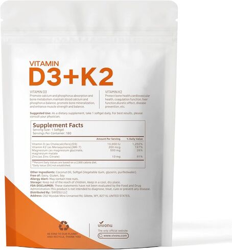 مكمل VivoNu Vitamin D3 K2 10,000 IU من المغنيسيوم - 4 في 1 مع فيتامين D وK (MK-7)، وجليسينات المغنيسيوم وسيترات الزنك - 180 كبسولة هلامية لدعم الطاقة والعظام* والعضلات* in Kuwait
