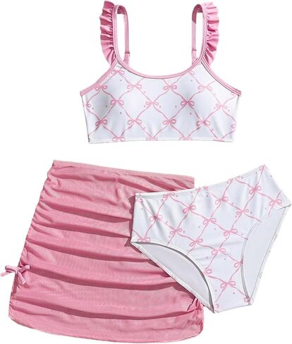 Verdusa Girl's 3 Piece Cute Swimsuit Bow Ruffle Bikini Set High Waisted Bathing Suit with Coverup Skirt Cruise Outfits in Saudi Arabia