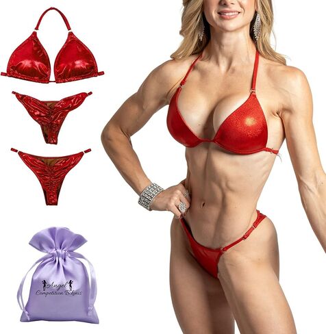 مجموعة بيكيني من Angel Competition NPC Fit Model مع 2 قاع - بدلات مسابقة بيكيني حمراء ثلاثية الأبعاد مع تغطية غلوت بنسبة 50% in Kuwait