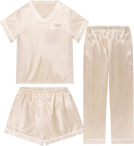 3 Piece Silk Satin Pajamas Set for Women Soft Silky Summer Pjs Short Sleeve V Neck Sleepwear, S-XXL in Saudi Arabia
