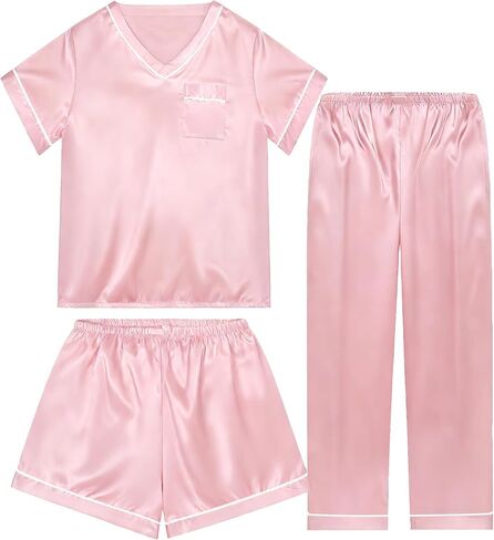 3 Piece Silk Satin Pajamas Set for Women Soft Silky Summer Pjs Short Sleeve V Neck Sleepwear, S-XXL in Saudi Arabia