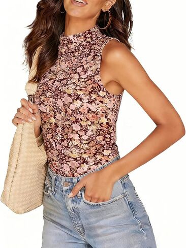 قمصان Dressmine النسائية الشبكية الزهرية بدون أكمام ورقبة وهمية وطبقات من القمصان المثيرة والمجهزة للخروج in Kuwait
