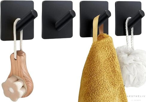 Adhesive Hooks for Hanging - 4 PCs, Towels Hooks for Bathroom, Sticky Hooks for Walls No Damage, Adhesive Hook for Outside, Kitchen, Bathroom, Office (Black 1) in Saudi Arabia