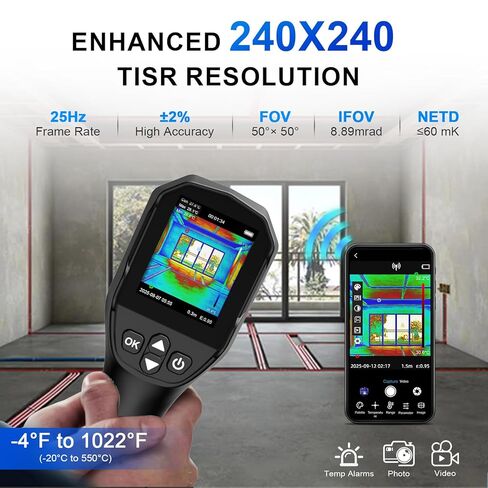 مسدس كاميرا للتصوير الحراري، جهاز تصوير ميزان الحرارة بالأشعة تحت الحمراء AIOMEST مع دقة 240 × 240 TISR، كشف درجة الحرارة من -4 درجة فهرنهايت إلى 1022 درجة فهرنهايت لأنظمة التدفئة والتهوية وتكييف الهواء، وفحص المنزل، والكهرباء، وفحص تسرب الماء/الهواء in Kuwait