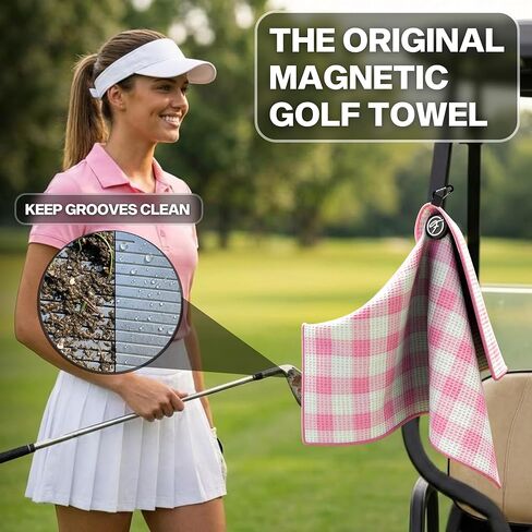 Golf Towel with Magnet - Premium Absorbent Microfiber Towel with Clip - 24"x16" - for Cart, Club or Bag - Golf Rag, Accessories & Golfing Gear - Waffle Weave Pattern (Pink Plaid) in Saudi Arabia