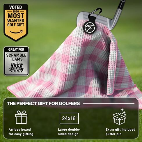 Golf Towel with Magnet - Premium Absorbent Microfiber Towel with Clip - 24"x16" - for Cart, Club or Bag - Golf Rag, Accessories & Golfing Gear - Waffle Weave Pattern (Pink Plaid) in Saudi Arabia