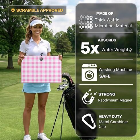 Golf Towel with Magnet - Premium Absorbent Microfiber Towel with Clip - 24"x16" - for Cart, Club or Bag - Golf Rag, Accessories & Golfing Gear - Waffle Weave Pattern (Pink Plaid) in Saudi Arabia