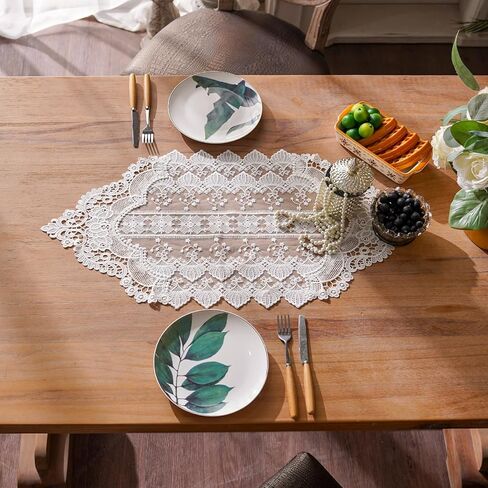 SUTAVIA White Lace Small Table Runner Exquisite Embroidery Floral Rectangular Elegant Dresser Scarf Shabby Chic Rustic Decoration for Home Kitchen Holiday Wedding Party Living Room (White, 13"x27") in Saudi Arabia