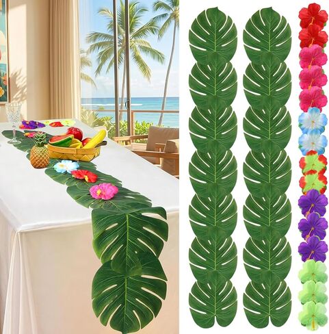 2 PCS Artificial Palm Leaves Green Table Runners 70 Inch with Hibiscus Flower, Summer Tropical Faux Leaf Table Cloth for Table Decor Wedding Hawaiian Luau Jungle Summer Safari BBQ Parties in Saudi Arabia