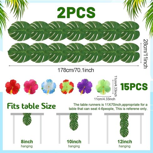 2 PCS Artificial Palm Leaves Green Table Runners 70 Inch with Hibiscus Flower, Summer Tropical Faux Leaf Table Cloth for Table Decor Wedding Hawaiian Luau Jungle Summer Safari BBQ Parties in Saudi Arabia
