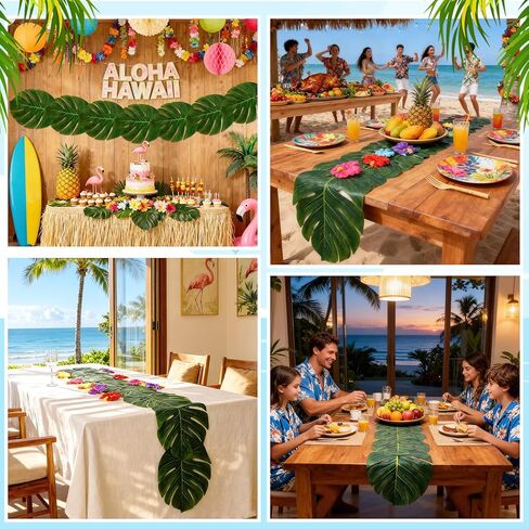 2 PCS Artificial Palm Leaves Green Table Runners 70 Inch with Hibiscus Flower, Summer Tropical Faux Leaf Table Cloth for Table Decor Wedding Hawaiian Luau Jungle Summer Safari BBQ Parties in Saudi Arabia