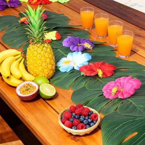 2 PCS Artificial Palm Leaves Green Table Runners 70 Inch with Hibiscus Flower, Summer Tropical Faux Leaf Table Cloth for Table Decor Wedding Hawaiian Luau Jungle Summer Safari BBQ Parties in Saudi Arabia