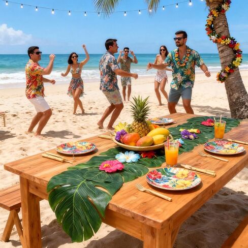 2 PCS Artificial Palm Leaves Green Table Runners 70 Inch with Hibiscus Flower, Summer Tropical Faux Leaf Table Cloth for Table Decor Wedding Hawaiian Luau Jungle Summer Safari BBQ Parties in Saudi Arabia