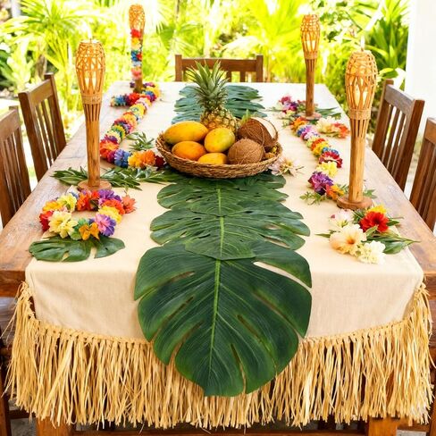 2 PCS Artificial Palm Leaves Green Table Runners 70 Inch with Hibiscus Flower, Summer Tropical Faux Leaf Table Cloth for Table Decor Wedding Hawaiian Luau Jungle Summer Safari BBQ Parties in Saudi Arabia