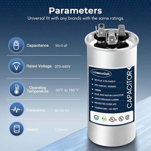 50/5 uF 50+5 MFD 370VAC or 440VAC Dual Run Start Round A/C Capacitor CBB65 CBB65B Air Conditioner Capacitors for AC Unit Fan Motor Start or Heat Pump or Condenser Straight Cool in Saudi Arabia