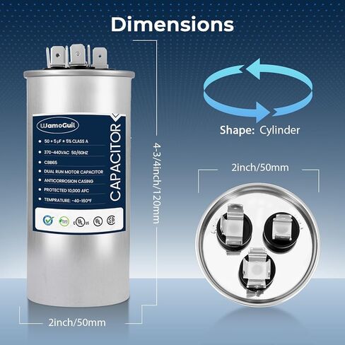 50/5 uF 50+5 MFD 370VAC or 440VAC Dual Run Start Round A/C Capacitor CBB65 CBB65B Air Conditioner Capacitors for AC Unit Fan Motor Start or Heat Pump or Condenser Straight Cool in Saudi Arabia