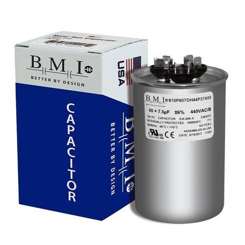 60 + 7.5 فائق التوهج x 370 أو 440 VAC مستدير - مكثف مصنوع في الولايات المتحدة الأمريكية من BMI # 810P607DH44P37A5X بديل عالمي in Saudi Arabia