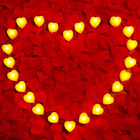 JMUQ 7000 Pieces Artificial Rose Petals with 72 Pieces Romantic Heart Led Tealight Candles, Rose Petals and Candles Set for Weddings Anniversaries Proposals Decor(Warm White Light) in Saudi Arabia
